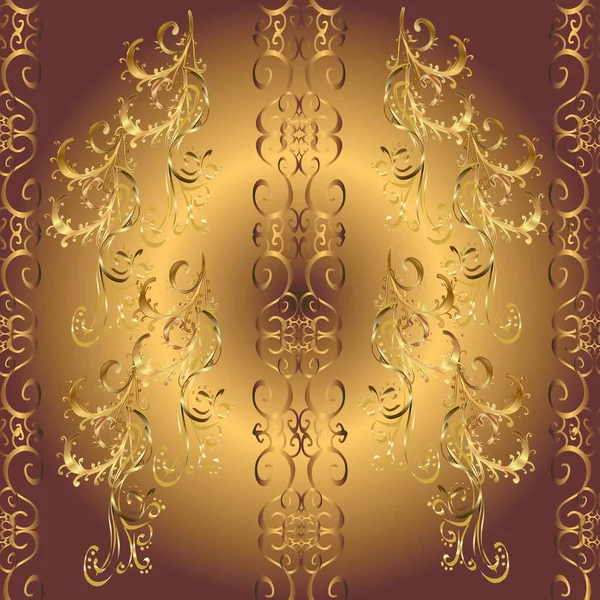 Seamless pattern on brown, beige and yellow colors with golden elements. Traditional orient ornament. Classic vintage background. Seamless classic golden pattern.