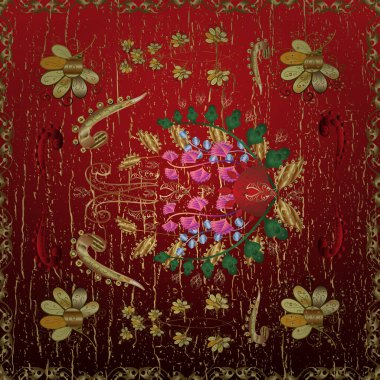 Golden seamless pattern on brown, red and yellow colors with golden elements. Vector illustration. Seamless damask classic golden pattern. Vector abstract background with repeating elements.