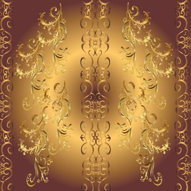 Ornate decoration. Damask gold abstract flower seamless pattern on beige, yellow and brown colors. Vector illustration.