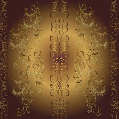 Golden floral ornament in baroque style. Damask seamless pattern repeating background. Antique golden repeatable wallpaper. Golden element on yellow, brown and beige colors.
