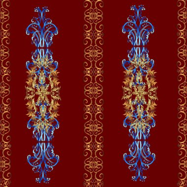 Seamless abstract background with repeating elements. Blue, red and brown and golden pattern. Elegant vector classic pattern.