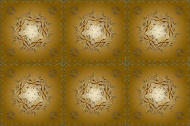 Golden pattern on yellow, beige and brown colors with golden elements. Seamless classic golden pattern. Raster traditional orient ornament.