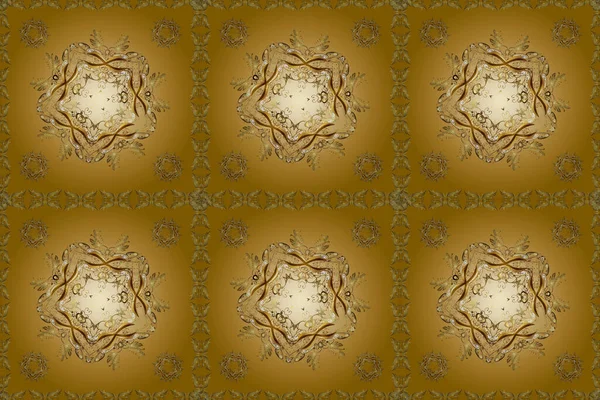 Golden pattern on yellow, beige and brown colors with golden elements. Seamless classic golden pattern. Raster traditional orient ornament.