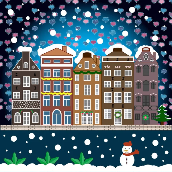 Doodle houses vector background. Nice buildings on blue, white and brown colors. Vector illustration.