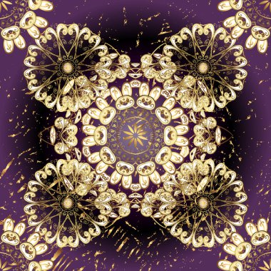 Golden seamless pattern. Golden elements in oriental style arabesques. Seamless golden textured curls. Seamless pattern on purple, brown and black colors.