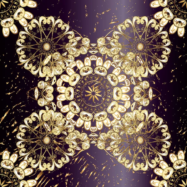 Golden seamless pattern on black, brown and beige colors with golden elements. Abstract background with repeating elements. Seamless damask classic golden pattern.