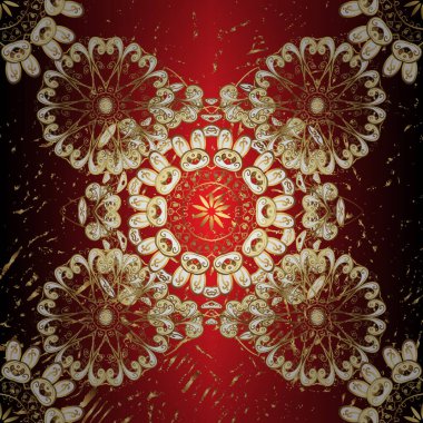 Seamless pattern on red, brown and beige colors with golden elements. Vector oriental ornament. Seamless golden pattern.