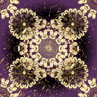 Christmas, snowflake, new year 2019. Seamless vintage pattern on purple, brown and black colors with golden elements.