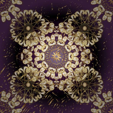 Vector seamless pattern on purple, brown and black colors with golden elements. Damask seamless pattern for design.