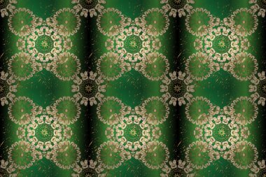 Golden snowflakes on green, beige and yellow colors. Christmas golden snowflake seamless pattern. Winter snow texture wallpaper. Symbol holiday, New Year celebration raster golden pattern.