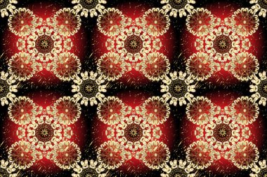 Traditional classic golden pattern on red, black and brown colors with golden elements. Seamless oriental ornament in the style of baroque.