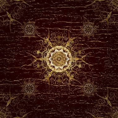 Oriental style arabesques. Golden textured curls. Colored pattern on brown, yellow and beige colors with golden elements. Vector golden pattern.