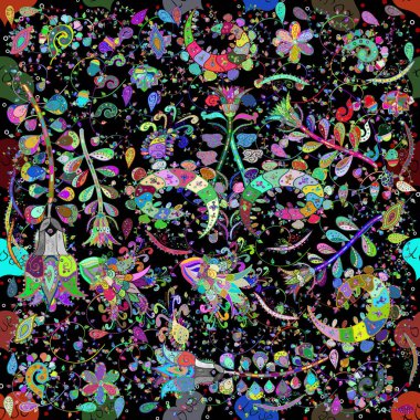 Vintage outline illustration. Floral blue, green and black seamless pattern. Tender fabric pattern. Flower print.