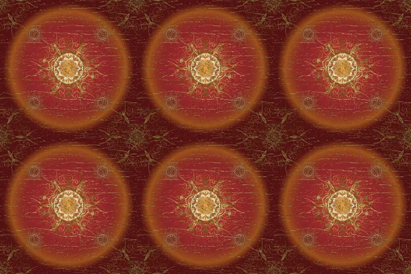 Floral tiles. Golden pattern on orange, red and brown colors with golden elements. Islamic design. Raster golden textile print. Seamless pattern oriental ornament.