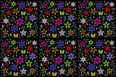 Seamless background pattern. Watercolor, hand drawn. Flowers of the valley on green, black and red colors. - stock.