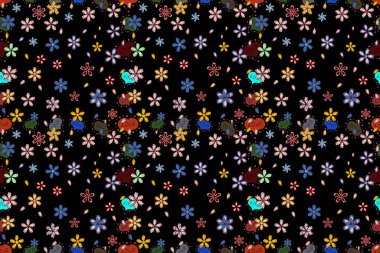 Holidays mood. Spring summer time. Flowers on black, red and white colors. Gentle romantic print. Seamless cute flower pattern.