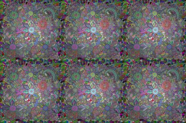 Raster stock. Seamless background pattern. Flowers on neutral, blue and green. Watercolor, hand drawn.