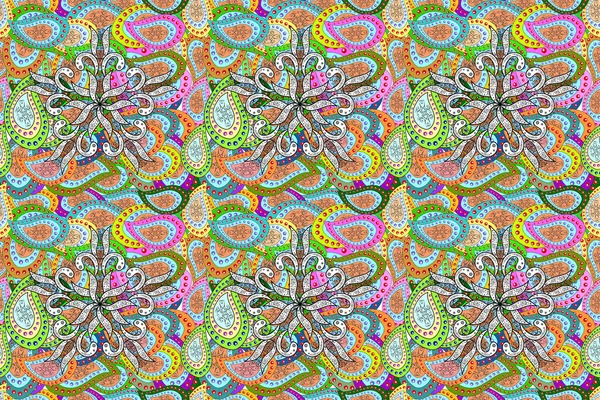 Seamless floral pattern with flowers on blue, orange and green colors. Flowers on blue, orange and green colors in watercolor style.