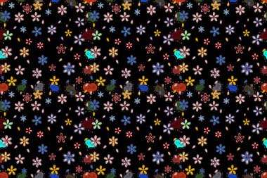 Holidays mood. Spring summer time. Flowers on black, red and white colors. Gentle romantic print. Seamless cute flower pattern.
