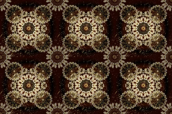 Golden pattern on brown, black and beige colors with golden elements. Raster golden seamless pattern. Backdrop, fabric, gold wallpaper. Flat hand drawn vintage collection.