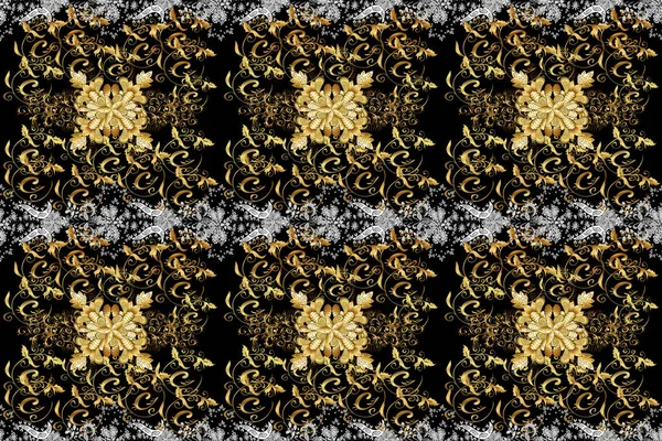 Seamless golden pattern. Golden pattern on brown, yellow and black colors with golden elements. Oriental ornament.