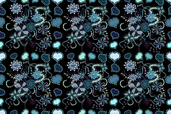 Seamless flowers pattern. In asian textile style. Flowers on black, blue and neutral colors.