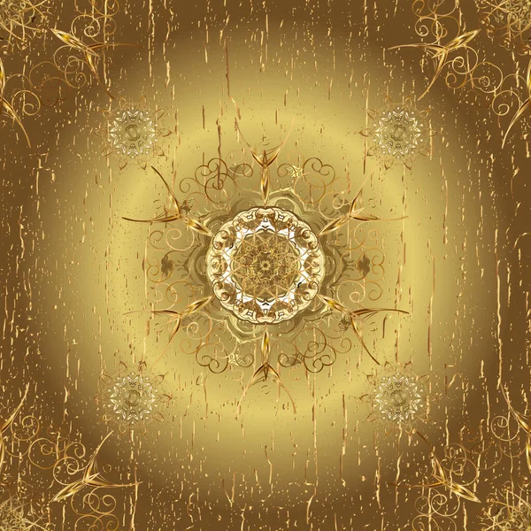 Gold floral ornament in baroque style. Antique golden repeatable wallpaper. Golden element on yellow, neutral and brown colors. Damask seamless repeating pattern.