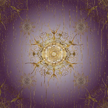 Vektör çizimi. Dekoratif simetri arabesk. Doğum günü kartı, davetiye ya da afiş için iyidir. Mor üzerine altın, nötr ve bej renkler. Kusursuz ortaçağ çiçek desenleri..