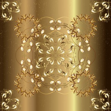 Geleneksel oryantasyon süsü. Altın elementlerle bej, nötr ve kahverengi renklerde kusursuz desen. Kusursuz klasik altın desen. Klasik vintage arkaplan.