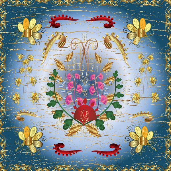 Złote Elementy Kolorach Brązowym Niebieskim Neutralnym Tapeta Barokowa Damask Kwiatowy — Zdjęcie stockowe