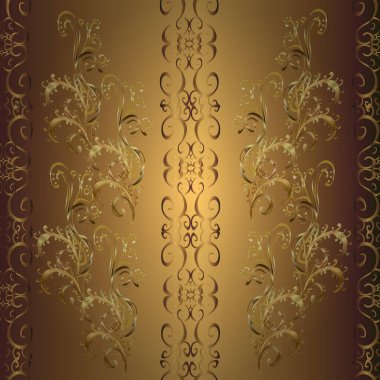 Şam, tasarım için kusursuz desen. Sarı, kahverengi ve bej renklerde altın elementli vektörsüz desen.