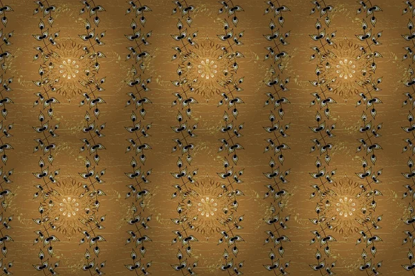 Oriental style arabesques golden pattern on a beige, yellow and orange colors with golden elements. Seamless textured curls. Raster golden pattern.