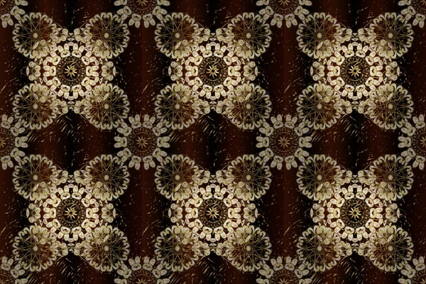 Seamless royal luxury golden baroque damask vintage. Raster seamless pattern with gold antique floral medieval decorative, leaves and golden pattern ornaments on brown, black and beige colors.