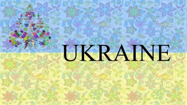 Arka planda Ukrayna bayrağı renginde panorama. Pano deseni. Kumaş arka plan çok güzel. Sarı, nötr ve bej renkli karalamalar. Raster dokusu. Görüntü.