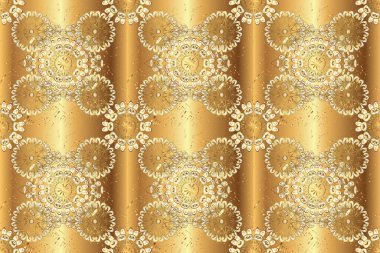 Barok tarzında altın çiçek süsü. Bej, kahverengi ve sarı renklerde altın element. Antika altın tekrarlanabilir duvar kağıdı. Damask arkaplanı tekrarlayan kusursuz desen.