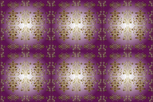 Seamless medieval floral royal pattern. illustration. Decorative symmetry arabesque. Gold on purple, beige and neutral colors. Good for greeting card for birthday, invitation or banner.