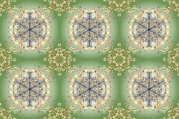 Floral classic texture. Royal retro on neutral, green and white colors. Seamless pattern golden elements. Gold template. Raster illustration. Design vintage for card, wallpaper, wrapping, textile.