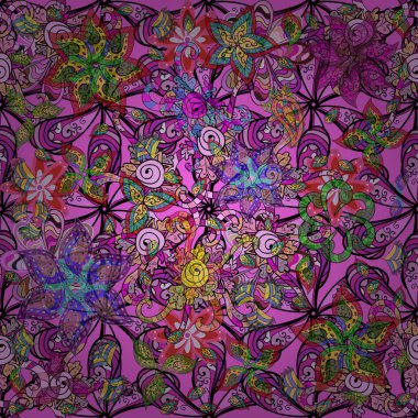 Çiçekli karalama şeklinde vektör deseni. Nazikçe, güzel çiçek arkaplanı. Siyah, mor ve pembe renkte çiçekler.