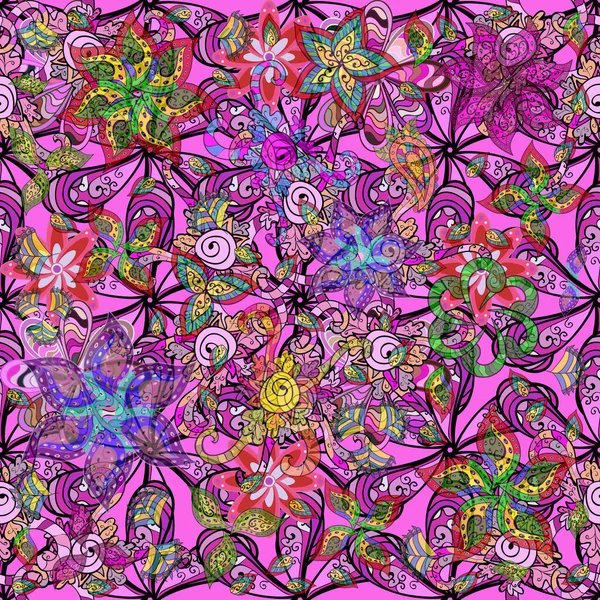 Nahtloses Blumenmuster Vektorillustration Asiatischen Textilstil Blüten Schwarz Rosa Und Lila — Stockvektor