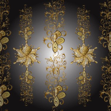 Kahverengi, sarı ve gri renklerde Royal retro. Kart, duvar kağıdı, ambalaj ve tekstil için klasik tasarım. Altın şablon. Kusursuz desenli altın elementler. Klasik çiçek dokusu. Vektör illüstrasyonu.