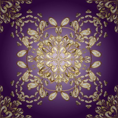 Duvar kâğıdı için altın süslü bir illüstrasyon. Çiçek süsüsüyle kusursuz desenli vektör. Bej ve mor renklerde geleneksel dekor. Doğu tarzında klasik tasarım öğesi. Süslü dantel iz sürücü.