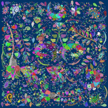 Vektör çizimi. Çiçekli karalama şeklinde vektör deseni. Yumuşak, yaz çiçekleri menekşe, yeşil ve mavi renkler.