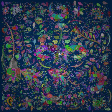 Çiçekle kusursuz desen. Renkli Bahar Temalı Kusursuz Arkaplan. Düz Çiçek Elementleri Tasarımı. Yeşil, mavi ve mor renkte çiçekler.