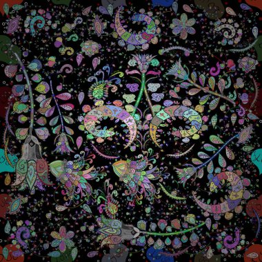 Tarafsız, siyah ve yeşil renklerde etnik çiçeklerle kusursuz bir desen. Güzel tekstil içinde Vektör Çiçek İllüstrasyonu.