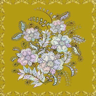 Hediye ambalaj kağıdı, tebrik kartları, posterler ve pankart tasarımı. Düz çiçekler pürüzsüz desen. Sarı, gri ve nötr renkte çiçekler.