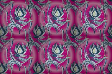 Dallı bahar çiçekleriyle desen, mavi, morumsu ve çiçek siluetiyle pembe renkler. Raster deseni.