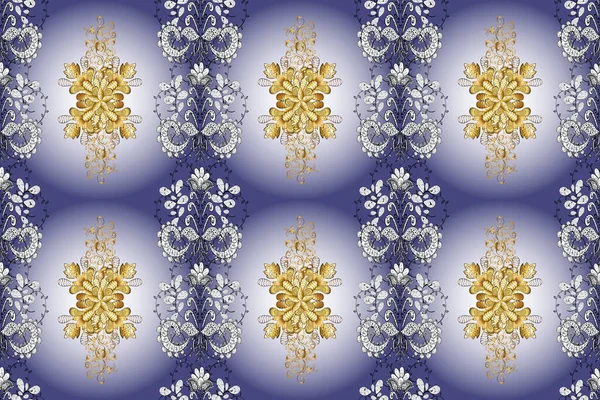 Golden seamless pattern on neutral, violet and gray colors with golden elements. Abstract background with repeating elements. Seamless damask classic golden pattern.