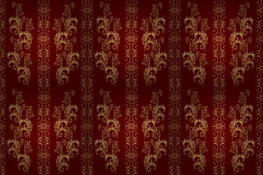 Kahverengi, kırmızı ve sarı renklerde altın desenli altın elementler. Lüks, kraliyet ve Viktorya dönemi konsepti. Raster klasik barok çiçeksiz altın desenli. Süsleme.