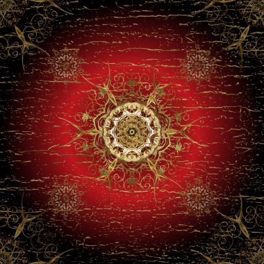 Lüks, kraliyet ve Viktorya dönemi konsepti. Vector vintage barok çiçeksiz altın desenli. Kırmızı, siyah ve kahverengi renklerdeki altın desenli altın elementler. Süsleme.