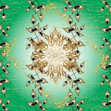 Çiçek deseni. Duvar kâğıdı barok, İspanyol kumaşı. Yeşil, nötr ve mavi renklerde altın elementler. Şık bir grafik desen. Kusursuz arkaplan.